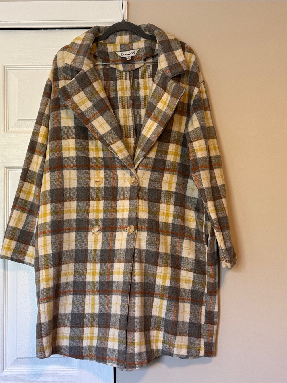DAVI & DANI Plaid Double-Breasted Pea Coat in Mustard, Gray & Cream